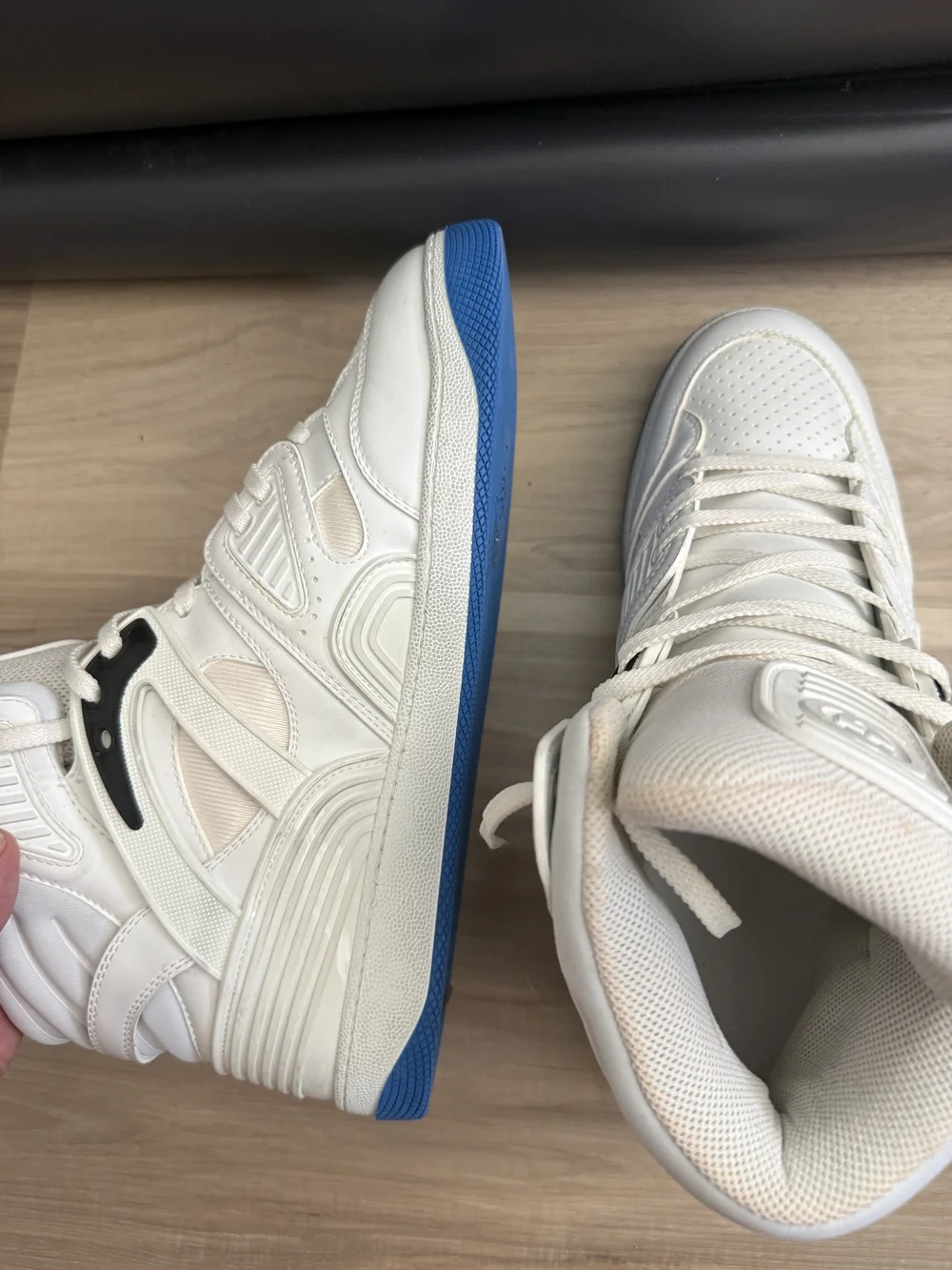 Gucci White High-Top Leather Sneakers with Subtle Blue Accent